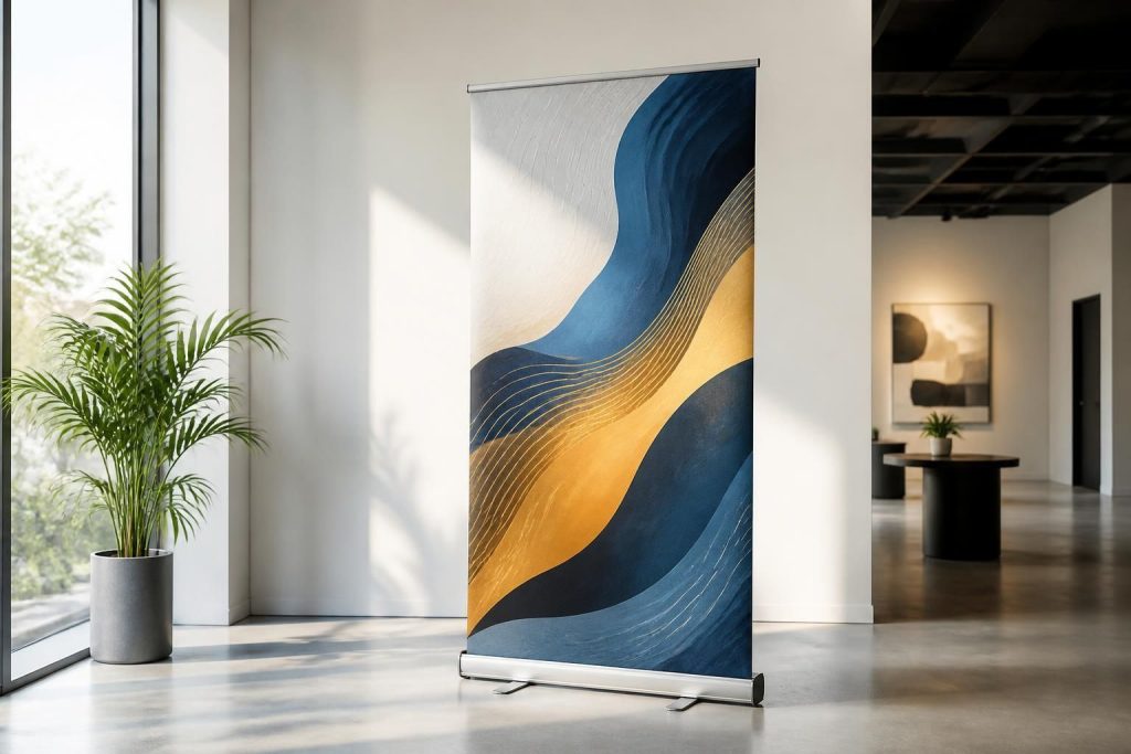 Découvrez notre roll-up sur mesure offrant une impression grand format de qualité professionnelle, idéal pour vos événements, promotions et stands d'exposition.