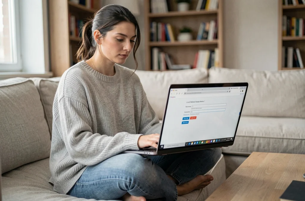 Femme configurant l'interface admin de son routeur domestique depuis un ordinateur portable dans un salon moderne
