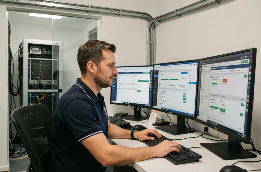 Technicien IT en infogérance tout inclus chez ACI Technology à Paris, devant un poste de supervision multi-écrans