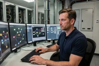 Administrateur informatique gérant un parc virtualisé depuis une salle de contrôle moderne avec plusieurs écrans affichant des interfaces de machines virtuelles