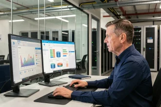 Administrateur IT analysant des tableaux de bord de virtualisation VDI sur plusieurs écrans dans un bureau d'entreprise moderne