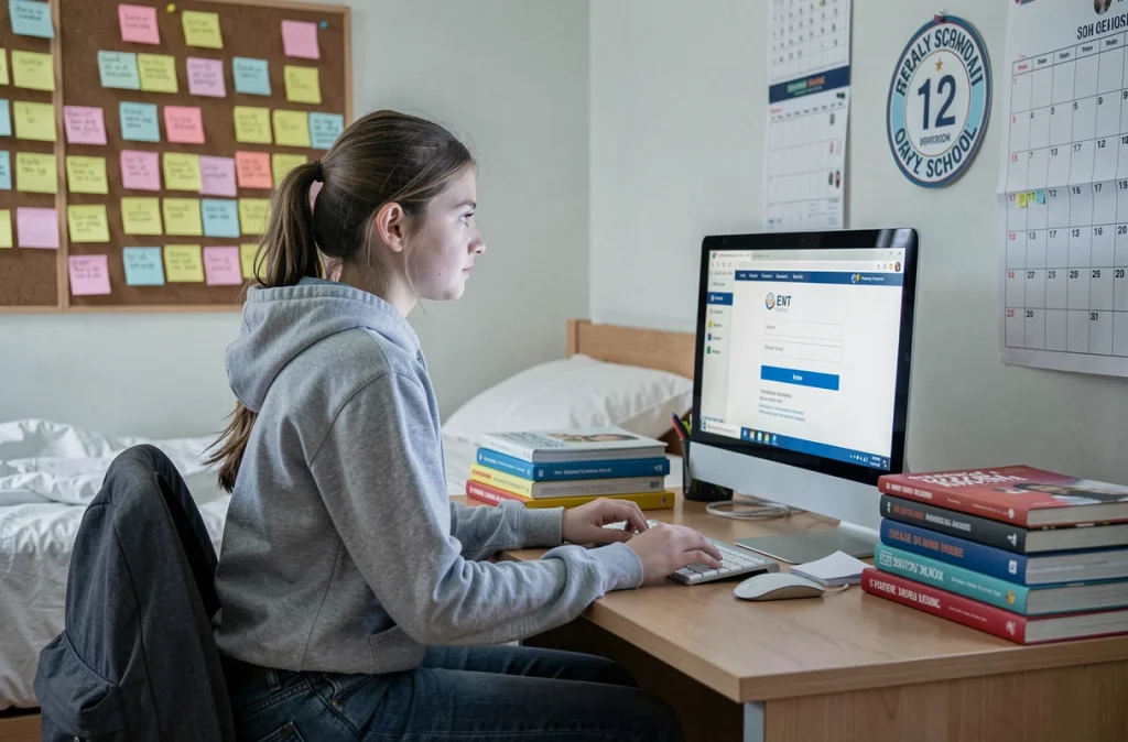 Adolescente configurant son espace numérique ENT sur ordinateur dans sa chambre avant la rentrée scolaire