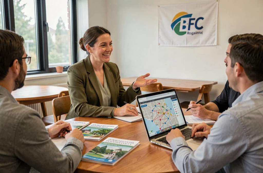 Coordinatrice de l'AER BFC animant une réunion de réseau avec des entrepreneurs et startups de Bourgogne-Franche-Comté dans un incubateur régional