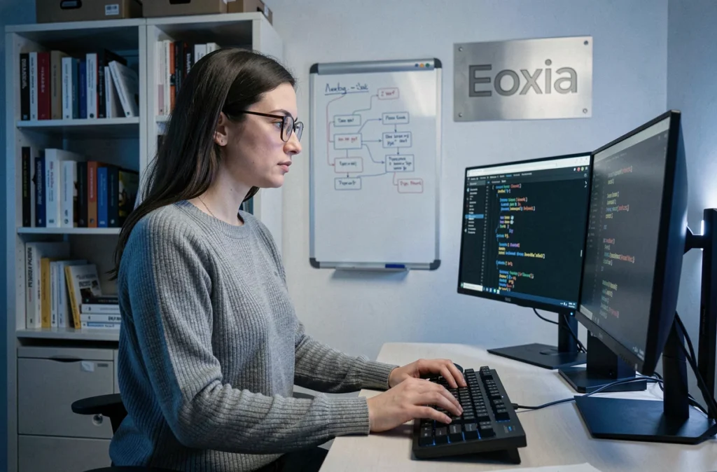 Développeuse back-end de l'agence Eoxia travaillant sur des schémas de base de données et du code PHP