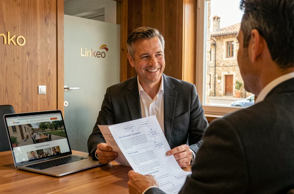 Consultant web de l'agence Linkeo présentant une stratégie digitale à un client dans une salle de réunion en Occitanie