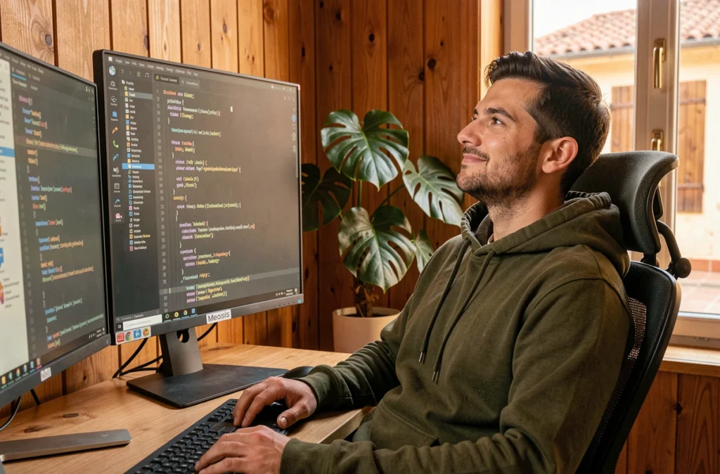 Développeur front-end de l'agence Meosis codant en CSS et JavaScript sur un grand moniteur vertical