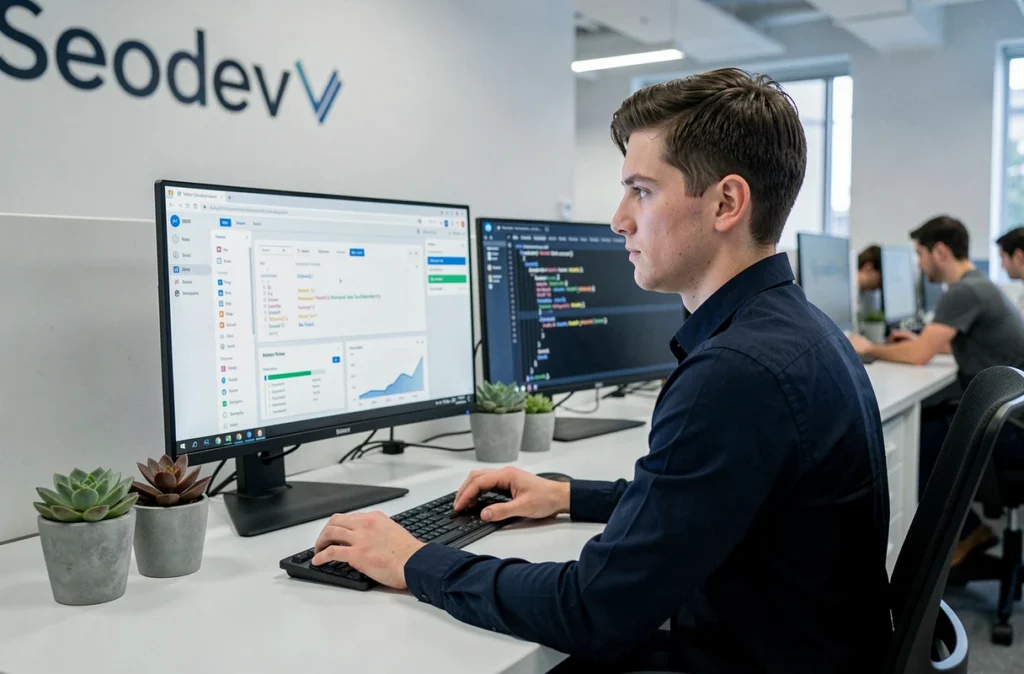 Développeur web concentré sur des tableaux de bord SEO dans les bureaux de l'agence Seodev