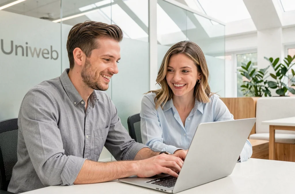 Deux développeurs de l'agence Uniweb collaborant sur un projet de site e-commerce dans un espace de coworking