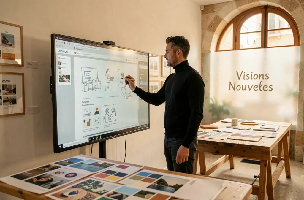 Designer web de l'agence Visions Nouvelles esquissant une identité de marque sur un écran tactile dans un studio artistique