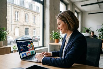 Professionnelle évaluant le portfolio d'une agence web fiable à Chantilly sur son ordinateur portable dans un bureau moderne