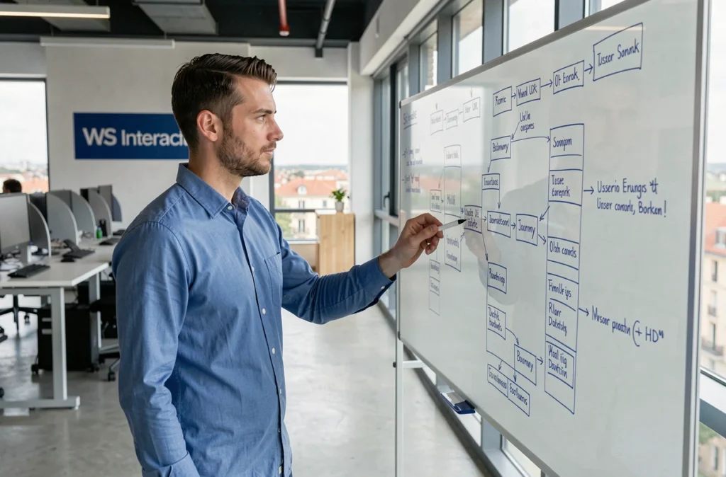 Designer UX de l'agence WS Interactive annotant un parcours utilisateur sur un tableau en verre