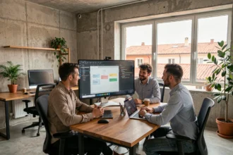 Équipe de développeurs web dans un studio moderne en Occitanie, autour d'un écran affichant du code et des maquettes