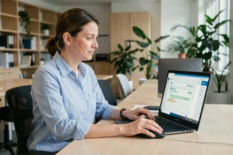 Agente administrative utilisant la messagerie intranet d'Amiens sur son ordinateur portable au bureau