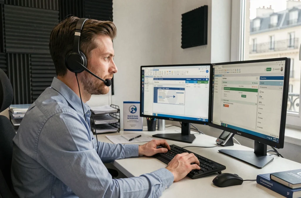 Spécialiste support informatique d'ALLOHOUSTON en télétravail depuis un helpdesk parisien, avec casque et double écran