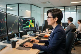 Analyste en cybersécurité féminine examinant des tableaux de bord de détection de menaces sur plusieurs écrans dans un centre opérationnel moderne