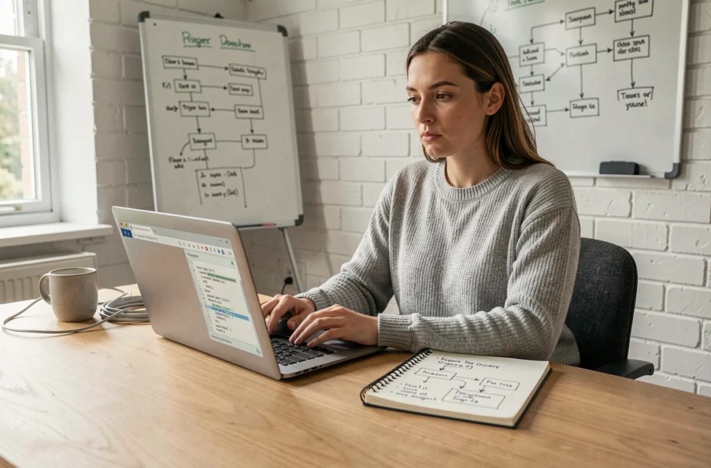 Architecte base de données comparant triggers SQL personnalisés et DELETE CASCADE sur laptop avec notes manuscrites