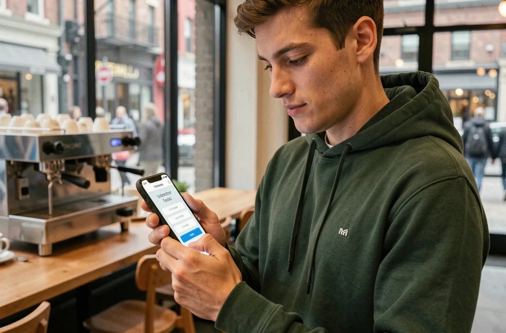 Jeune adulte entrant un code d'authentification à deux facteurs sur smartphone dans un café urbain