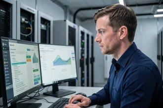 Professionnel informatique configurant une automatisation de sauvegarde de données sur un poste de travail en salle de serveurs