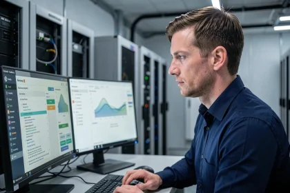 Professionnel informatique configurant une automatisation de sauvegarde de données sur un poste de travail en salle de serveurs