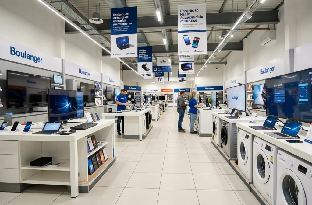 Vue intérieure d'un grand magasin Boulanger multimédia avec rayons d'écrans et d'ordinateurs dans les Hauts-de-France