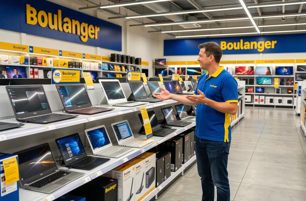 Vendeur Boulanger La Roche-sur-Yon en uniforme bleu et jaune devant un rayon d'ordinateurs portables