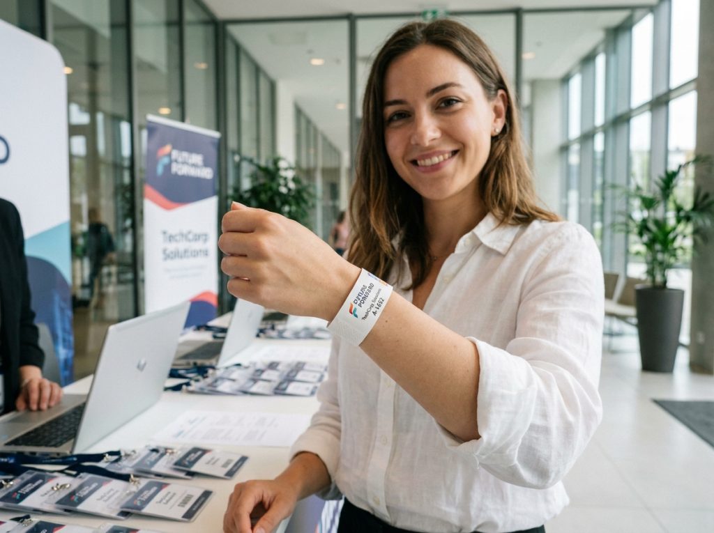 Femme portant un bracelet d'événement personnalisé avec logo et numéro d'accès lors d'un enregistrement de conférence