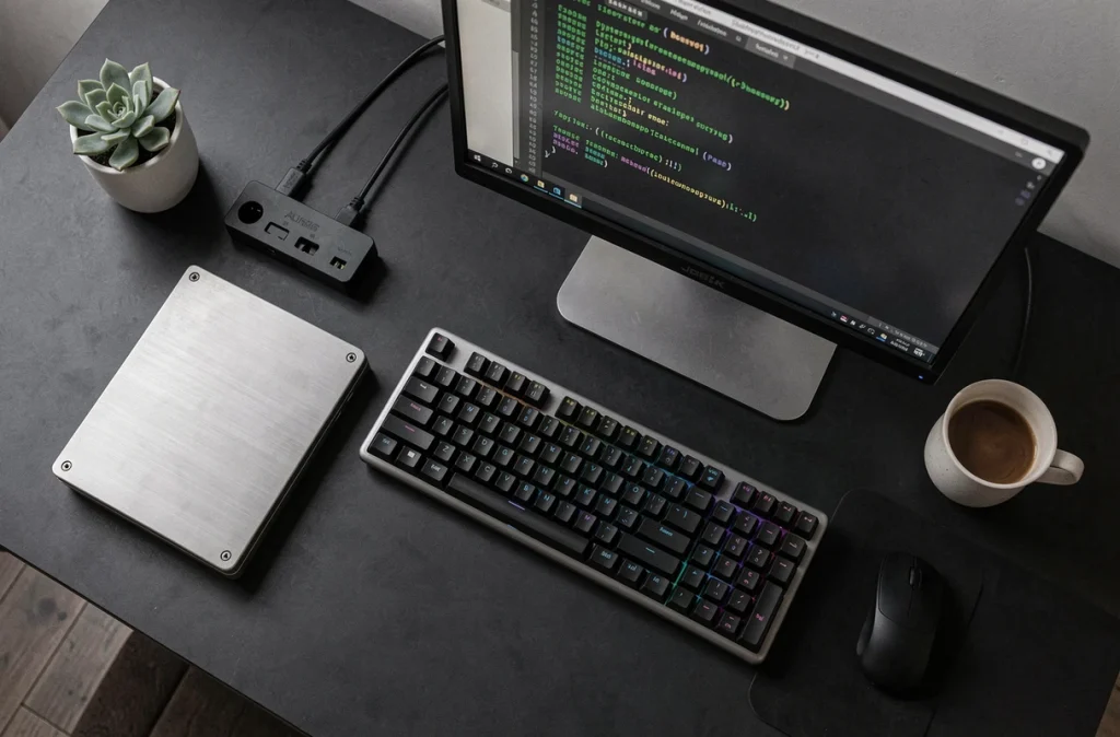 Vue en plongée d'un bureau maison avec disque dur externe et terminal de sauvegarde automatisée en cours d'exécution