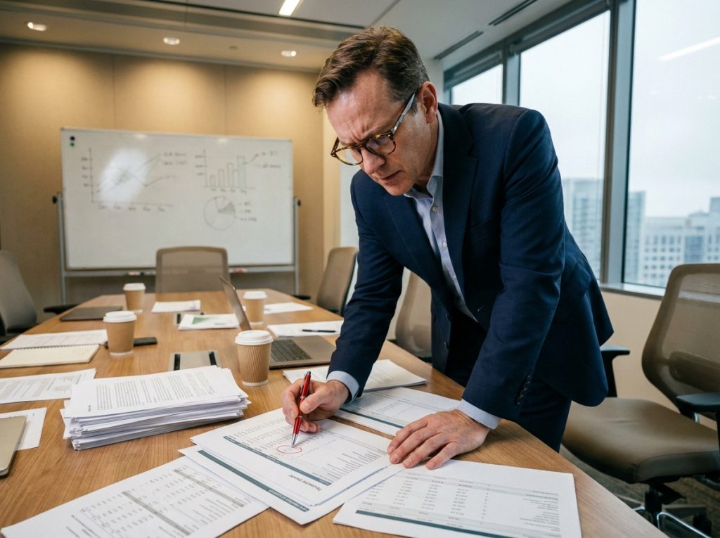 Cadre d'entreprise analysant des erreurs de données dans des rapports financiers imprimés en salle de réunion
