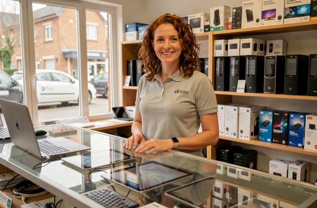 Vendeuse accueillante derrière le comptoir de Cap Micro, magasin informatique à Marcq-en-Baroeul
