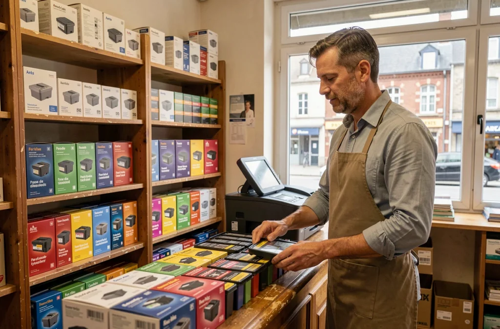 Gérant du magasin Cartridge World d'Arras arrangeant des cartouches et consommables informatiques en rayon