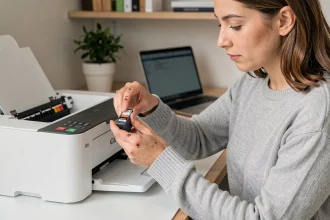 Femme changeant une cartouche d'encre d'une imprimante Canon sur un bureau de home office avec un MacBook en arrière-plan