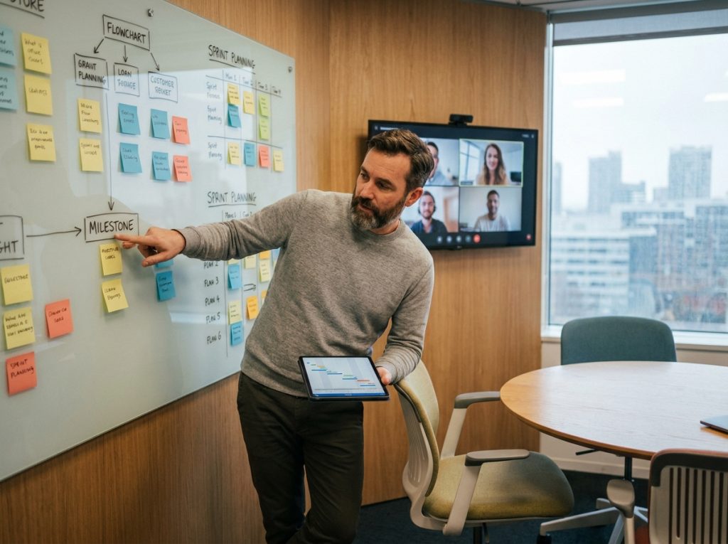 Chef de projet debout devant un tableau blanc avec notes et diagrammes de planification de sprint dans une salle de réunion