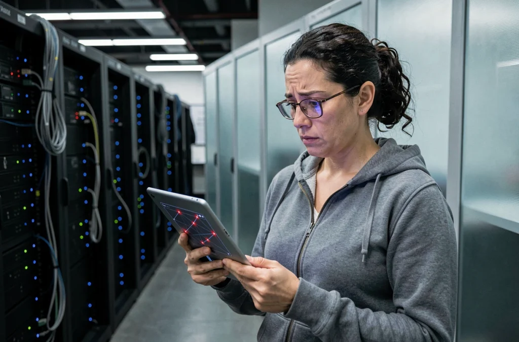 Chercheuse en sécurité informatique analysant les failles des réseaux d'objets connectés dans un laboratoire