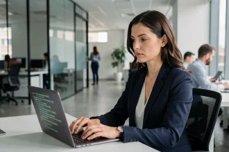 Une professionnelle en blazer marine travaillant sur un ordinateur portable affichant du code de chiffrement dans un bureau moderne