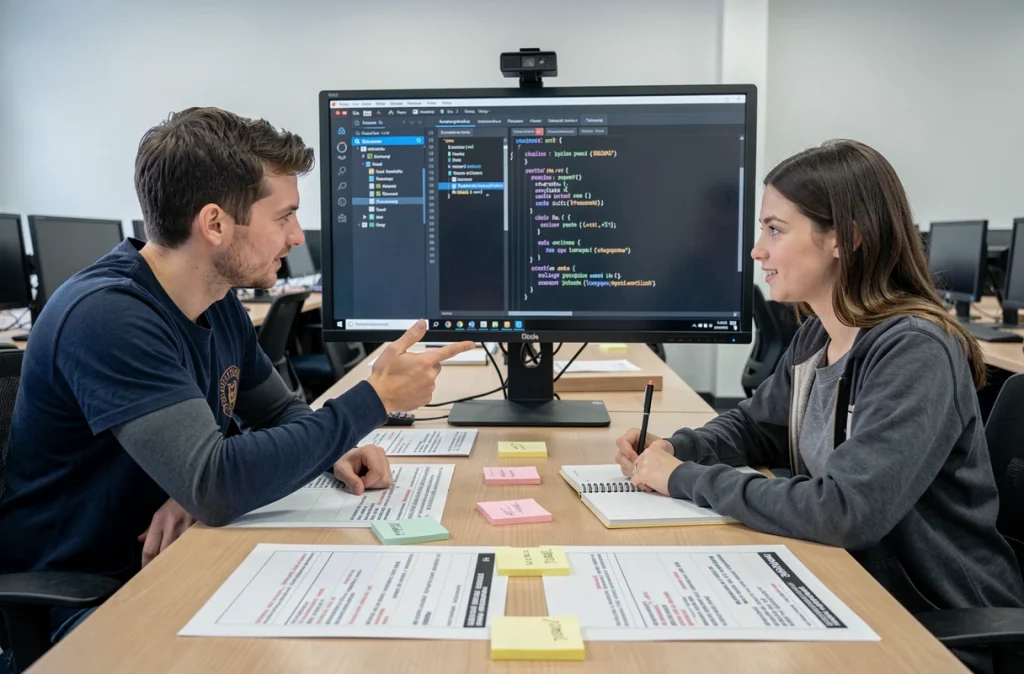 Deux développeurs collaborant sur du code Python avancé avec des listes et scripts affichés sur grand écran dans un laboratoire informatique