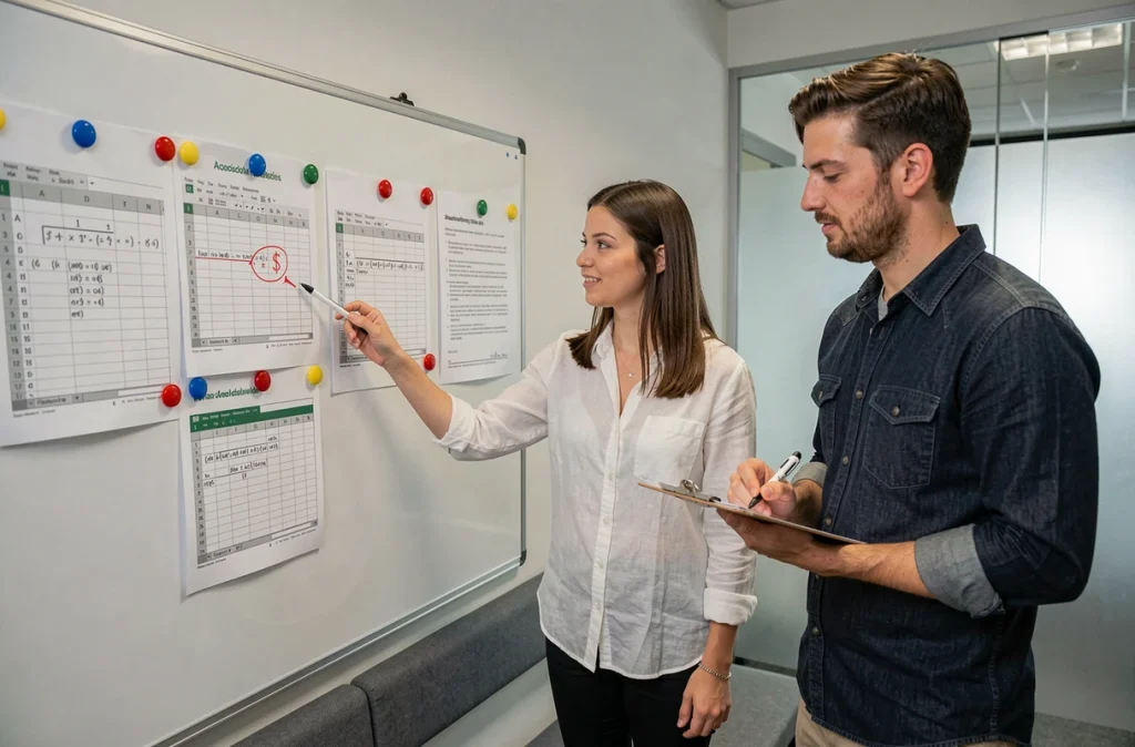 Deux collègues discutant de la méthode pour figer une cellule Excel devant un tableau blanc avec captures d'écran imprimées