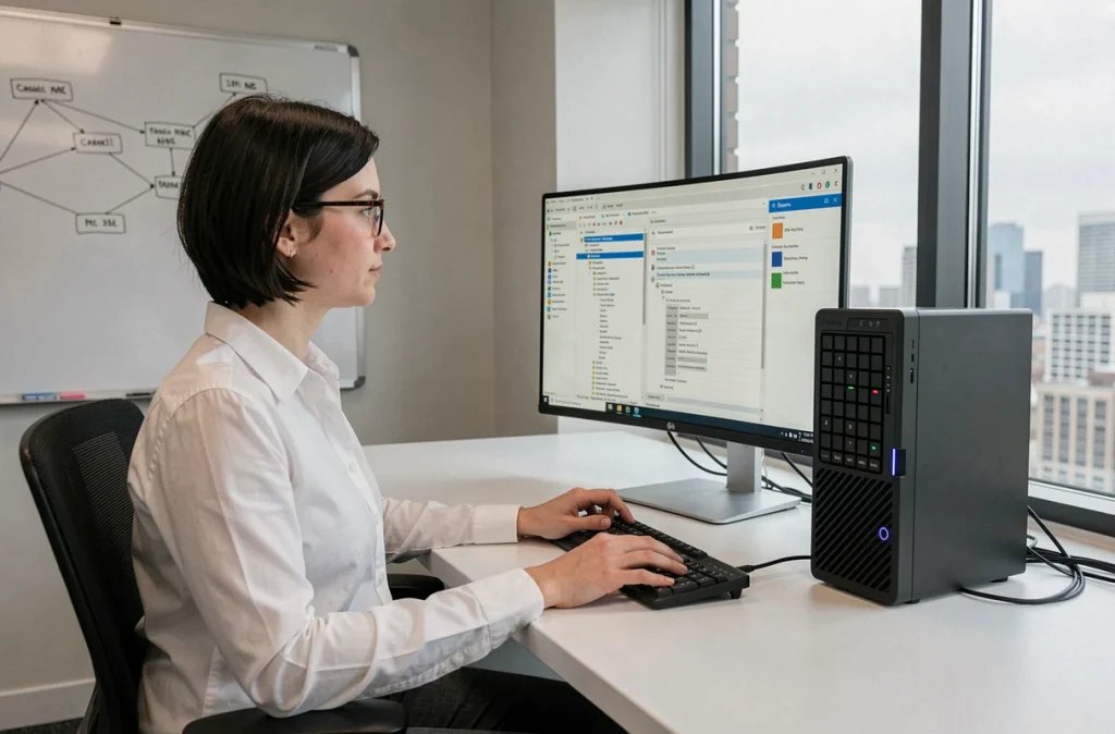 Femme informaticienne configurant un serveur NAS sur un écran d'ordinateur dans un bureau professionnel