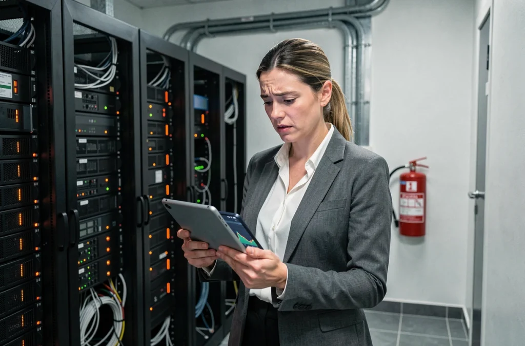 Consultante en cybersécurité inspectant une salle serveur d'une PME touchée par un ransomware