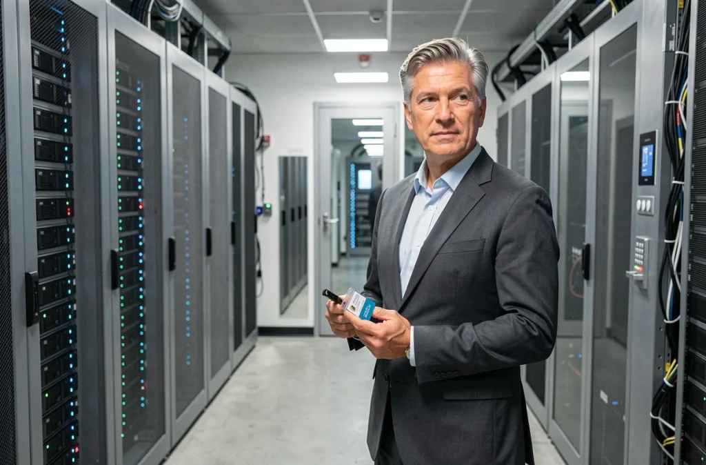 Un directeur IT tient un badge d'accès sécurisé devant une salle de serveurs illustrant les enjeux de contrôle des accès en entreprise