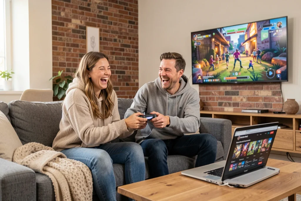 Couple jouant ensemble à un jeu indépendant en promotion sur leur télévision dans un salon moderne