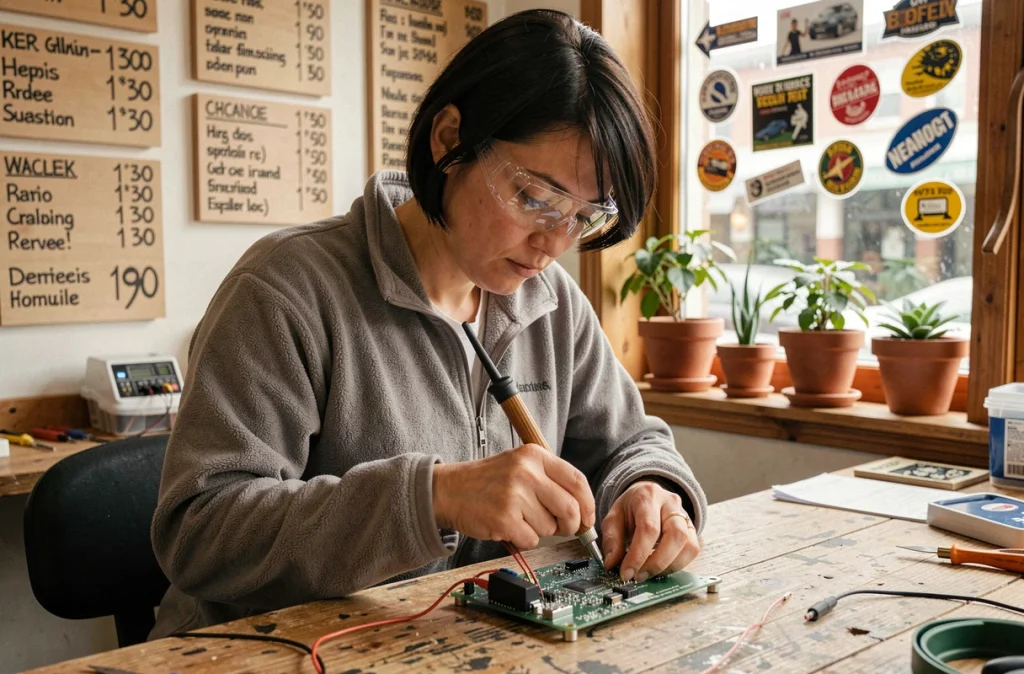 Technicienne de Des Clics et Vous soudant une carte électronique dans une boutique indépendante