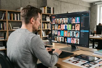 Designer analysant des modèles IA sur la plateforme Civitai en 2026 dans un studio créatif moderne