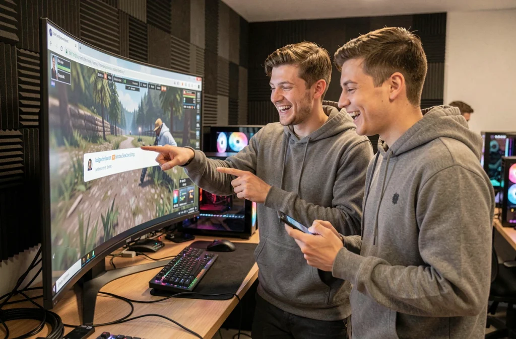Deux gamers partageant un lien de capture d'écran via smartphone devant un écran ultrawide lors d'une LAN party