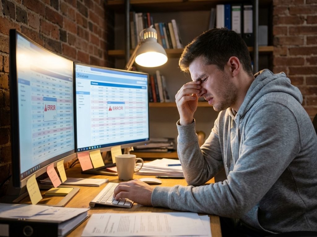 Jeune développeur stressé face à des erreurs de base de données sur ses écrans dans un bureau à domicile