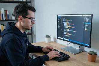 Développeur Python concentré devant un écran affichant du code propre avec syntaxe colorée dans un bureau minimaliste moderne