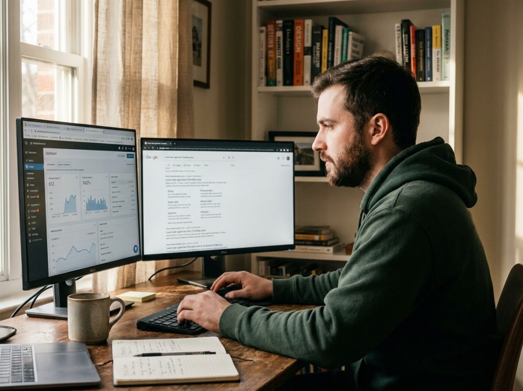 Développeur web recherchant une agence web fiable à Chantilly depuis son bureau à domicile avec double écran