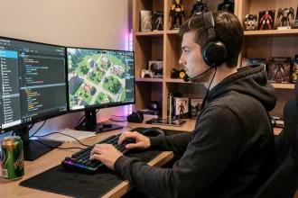 Développeur configurant un serveur FiveM sur double écran dans un bureau gaming moderne