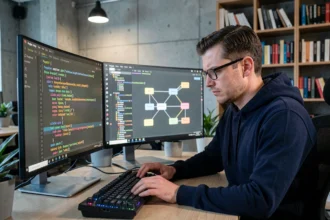 Développeur backend analysant des requêtes DELETE CASCADE PostgreSQL sur deux écrans dans un bureau tech moderne