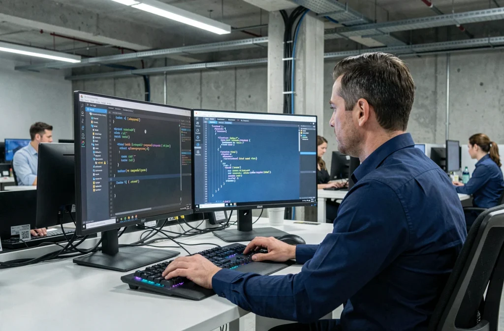 Développeur Python analysant un fichier XML sur deux écrans dans un open space professionnel