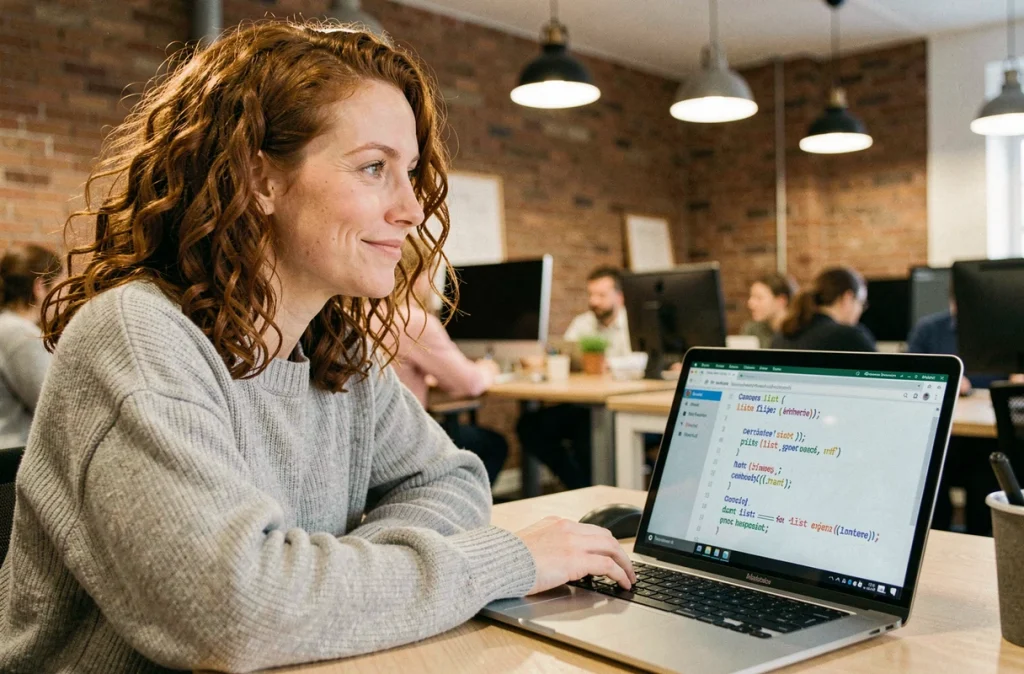 Développeuse Python dans un espace de coworking travaillant sur des listes avancées et du code lisible affiché sur un laptop